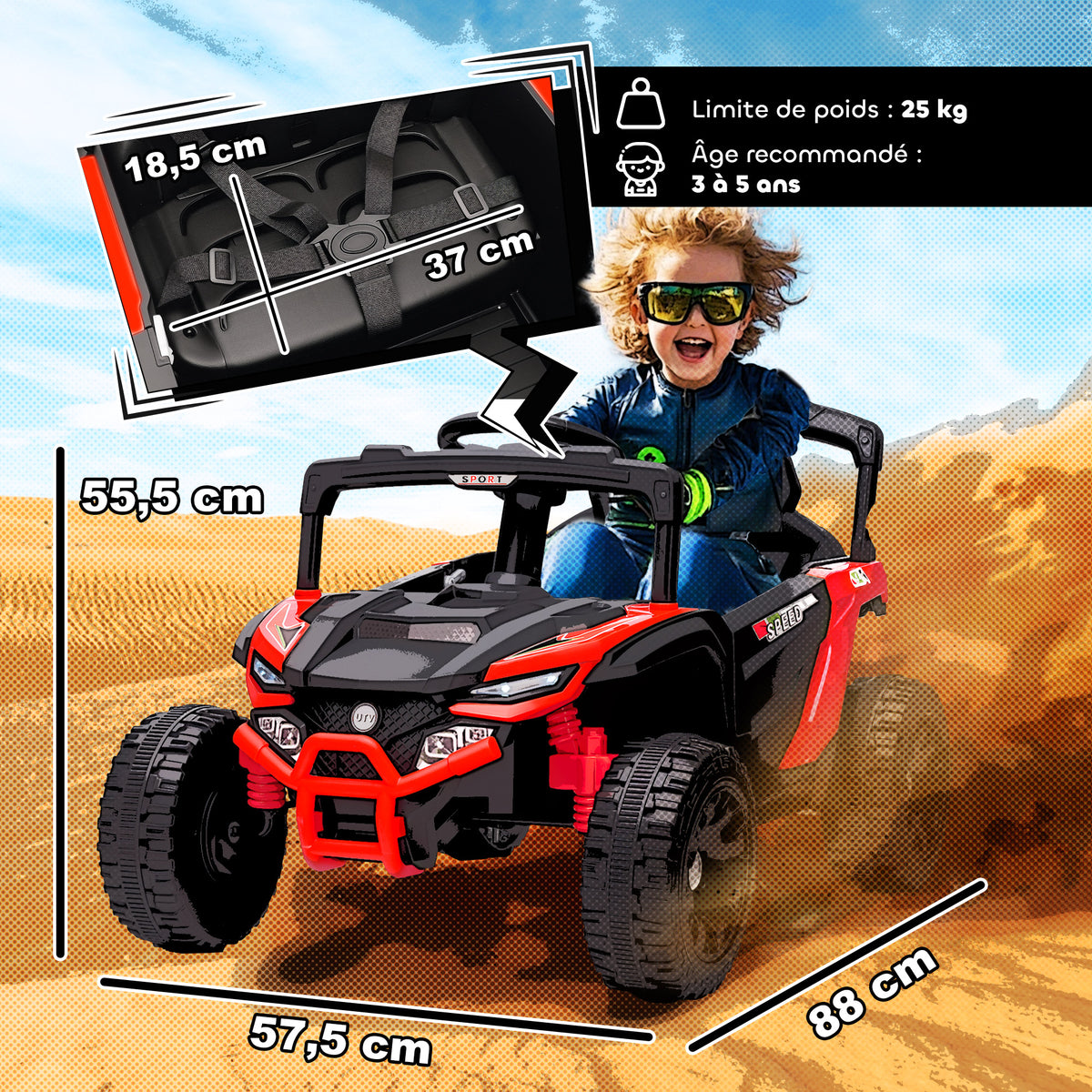 Voiture électrique enfant UTV, buggy électrique enfant 12V 2 moteurs, télécommande, LED, musique, klaxon, 3-8 ans, rouge
