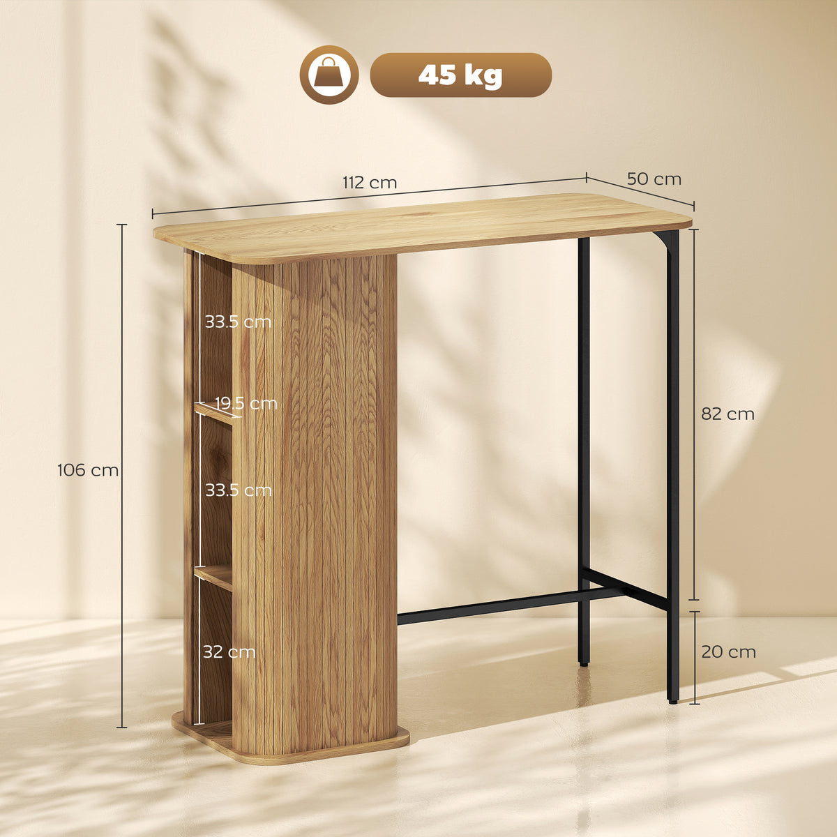 Table Haute Mange Debout, Table de Bar avec 3 Étagères de Rangement et Pieds en Métal, 112x50x106cm, Bois Naturel