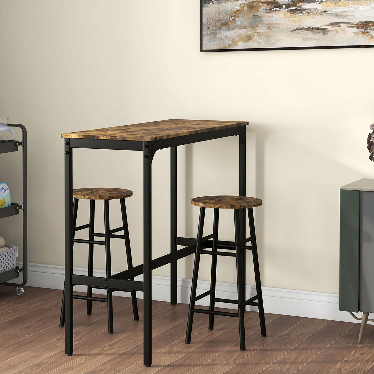 Conjunto de mesa alta de bar + 2 taburetes, estructura de acero, tablero con efecto madera de caoba, para 2 personas, negro