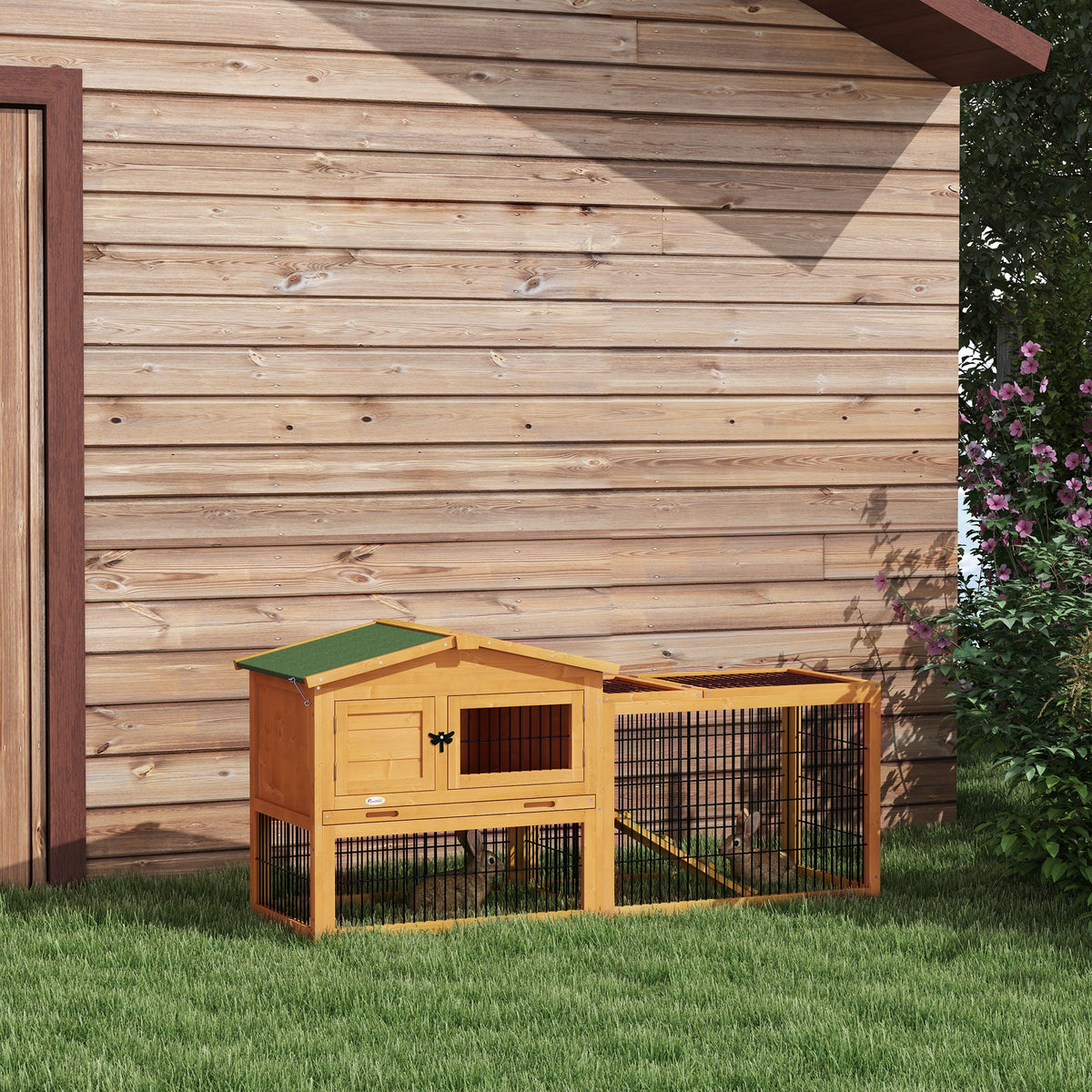 Clapier de sol cage à lapin niche supérieure avec rampe enclos extérieur porte verrouillable 150 x 52,5 x 68 cm jaune