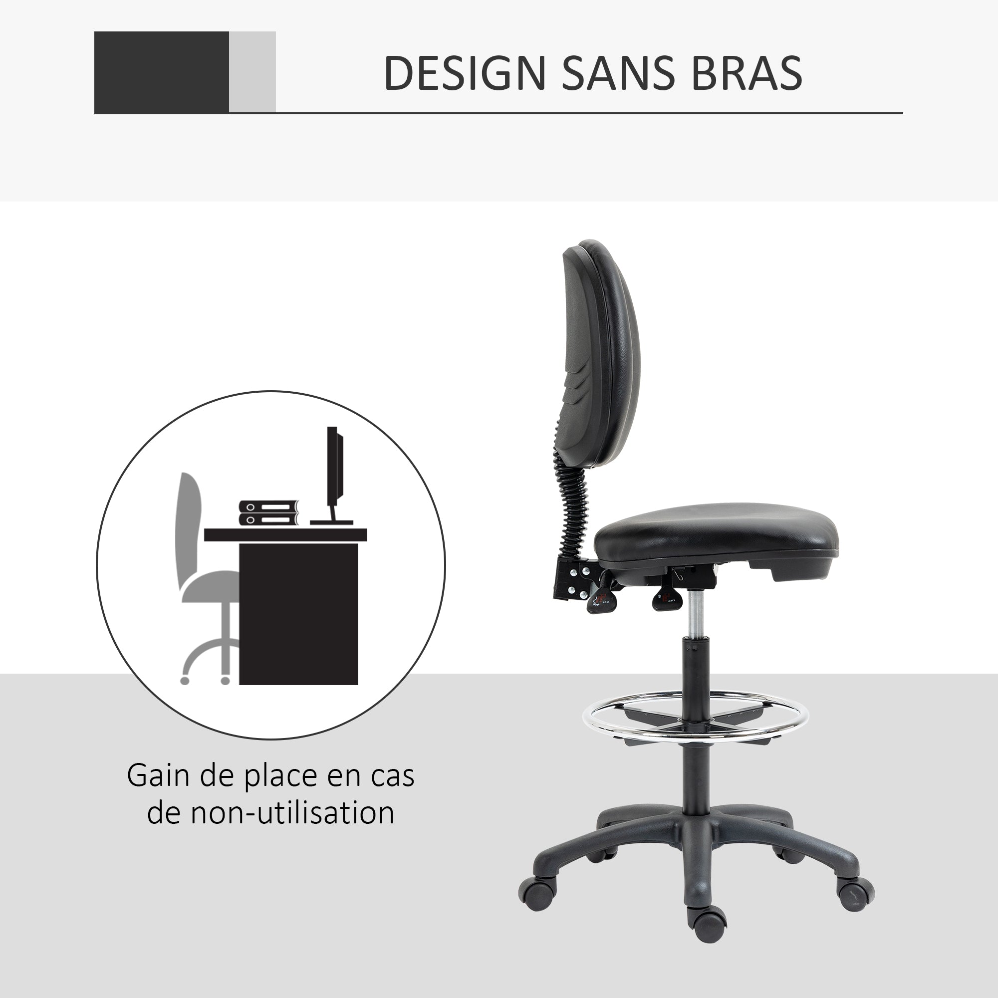 Lot de 2 tabourets à roulettes réglable en hauteur 69-91 cm avec dossier inclinable et repose-pieds réglable