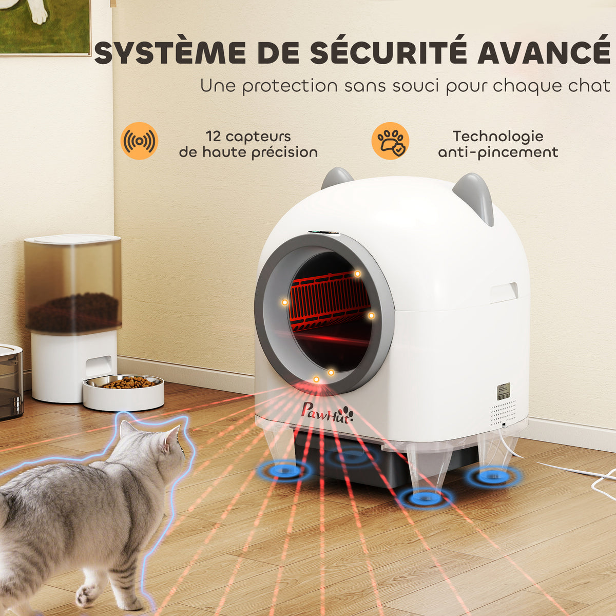 Bac à litière pour chat autonettoyant 80L, bac à litière automatique contrôle app, anti-pinch, 55,5 x 51 x 60 cm, blanc