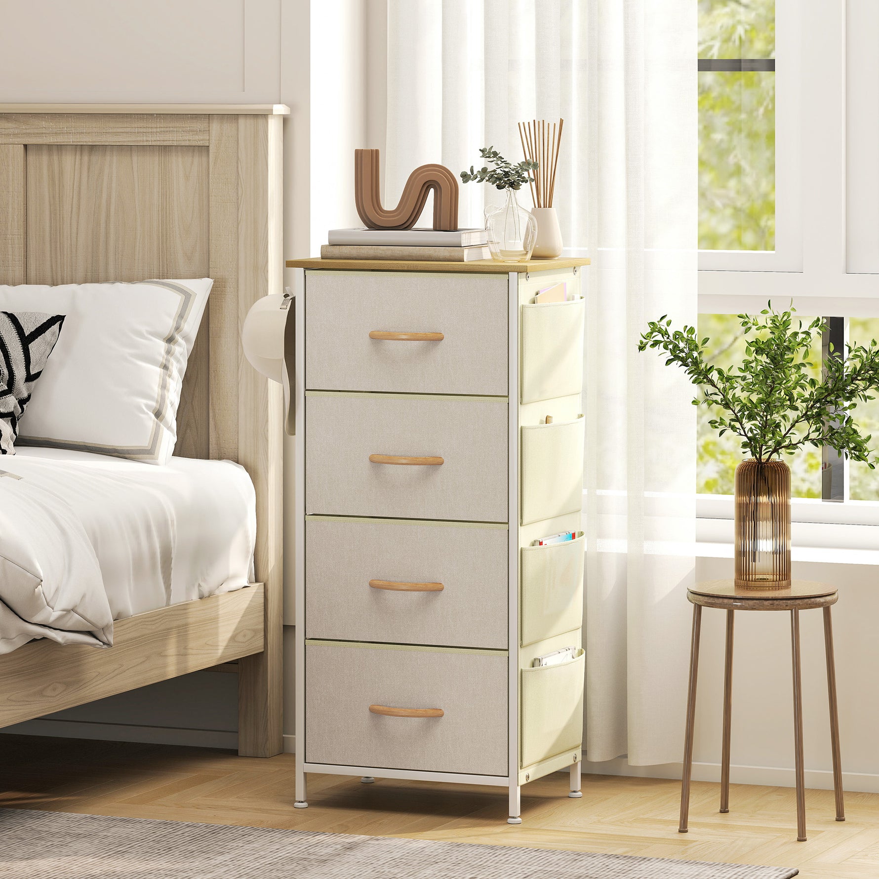 Commode 4 tiroirs en tissu, meuble de rangement avec 4 poches, 2 crochets, structure en acier, 45 x 30 x 94,5 cm, beige