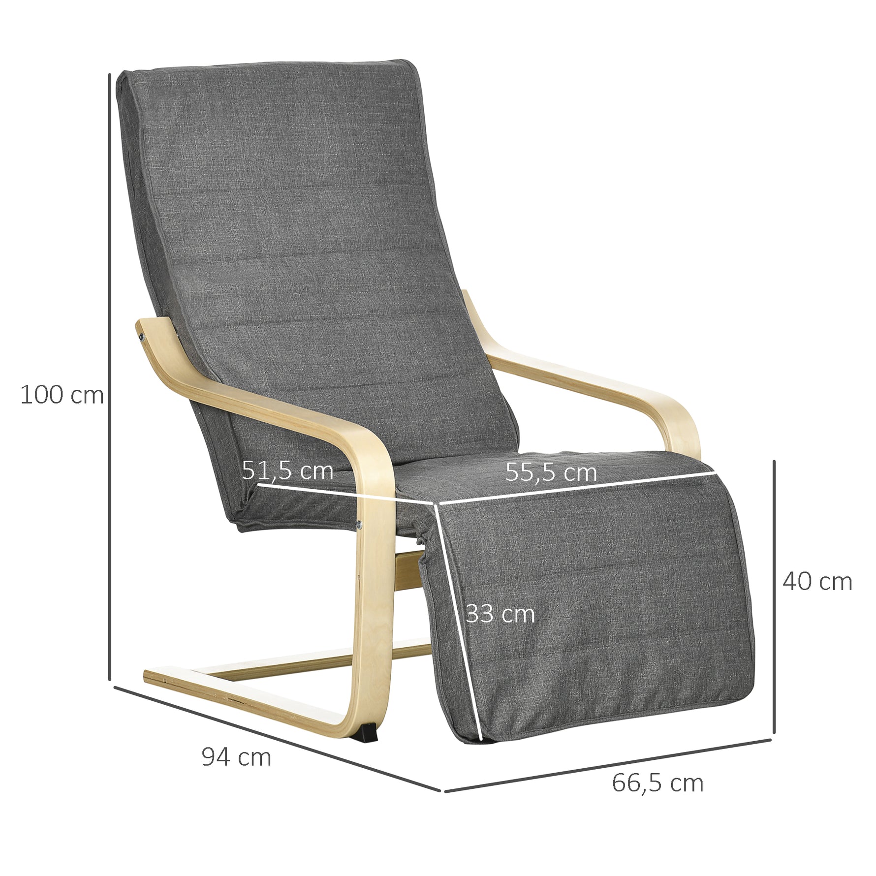 Fauteuil Luxe Confort et Relaxation avec Repose-Pied réglable déhoussable 94 x 66,5 x 100 cm cm Bois Massif Gris