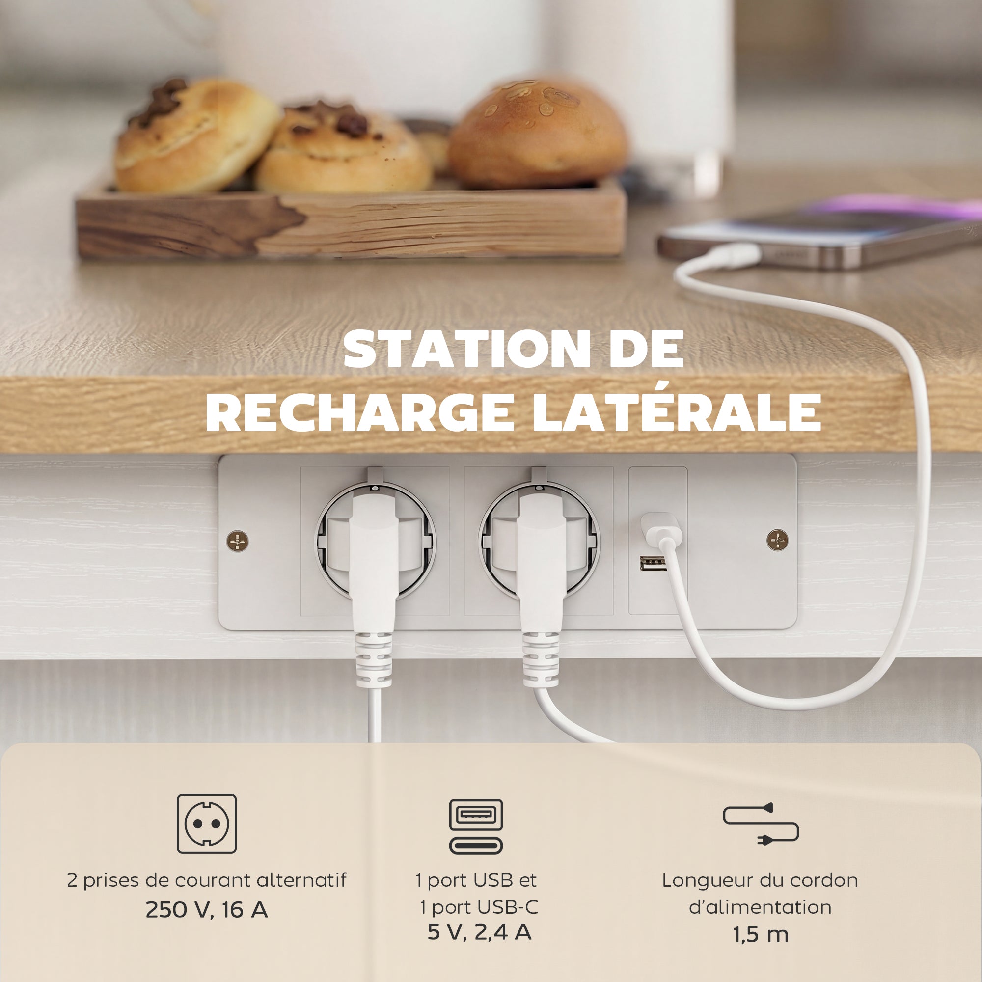 Îlot de Cuisine avec Station de Charge, Chariot de Cuisine à Roulettes avec Plan de Travail Rabattable, 2 Tiroirs, Blanc