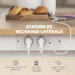 Îlot de Cuisine avec Station de Charge, Chariot de Cuisine à Roulettes avec Plan de Travail Rabattable, 2 Tiroirs, Blanc