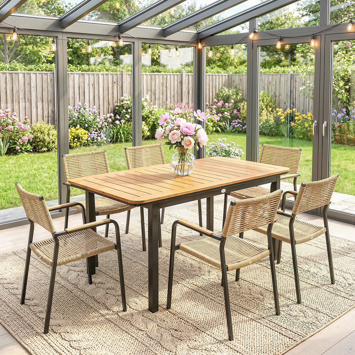 Table de Jardin 6 Personnes Rectangulaire en Bois Composite Cadre en Métal et Plateau à Lattes 127x70cm Marron