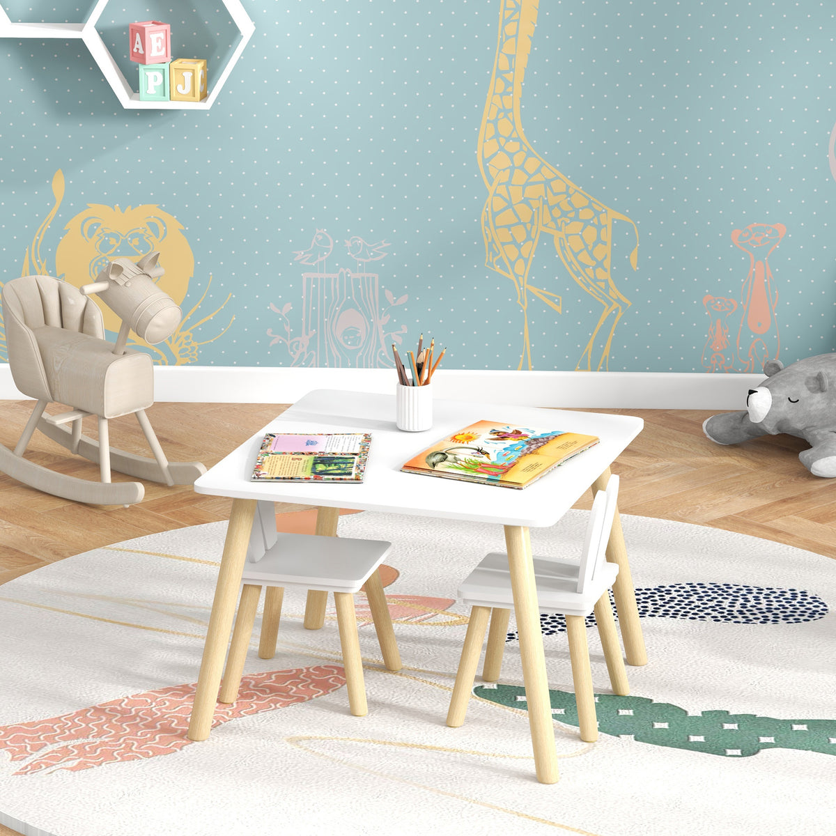 Ensemble table et 2 chaises enfant design scandinave motif oreille de lapin bois pin blanc