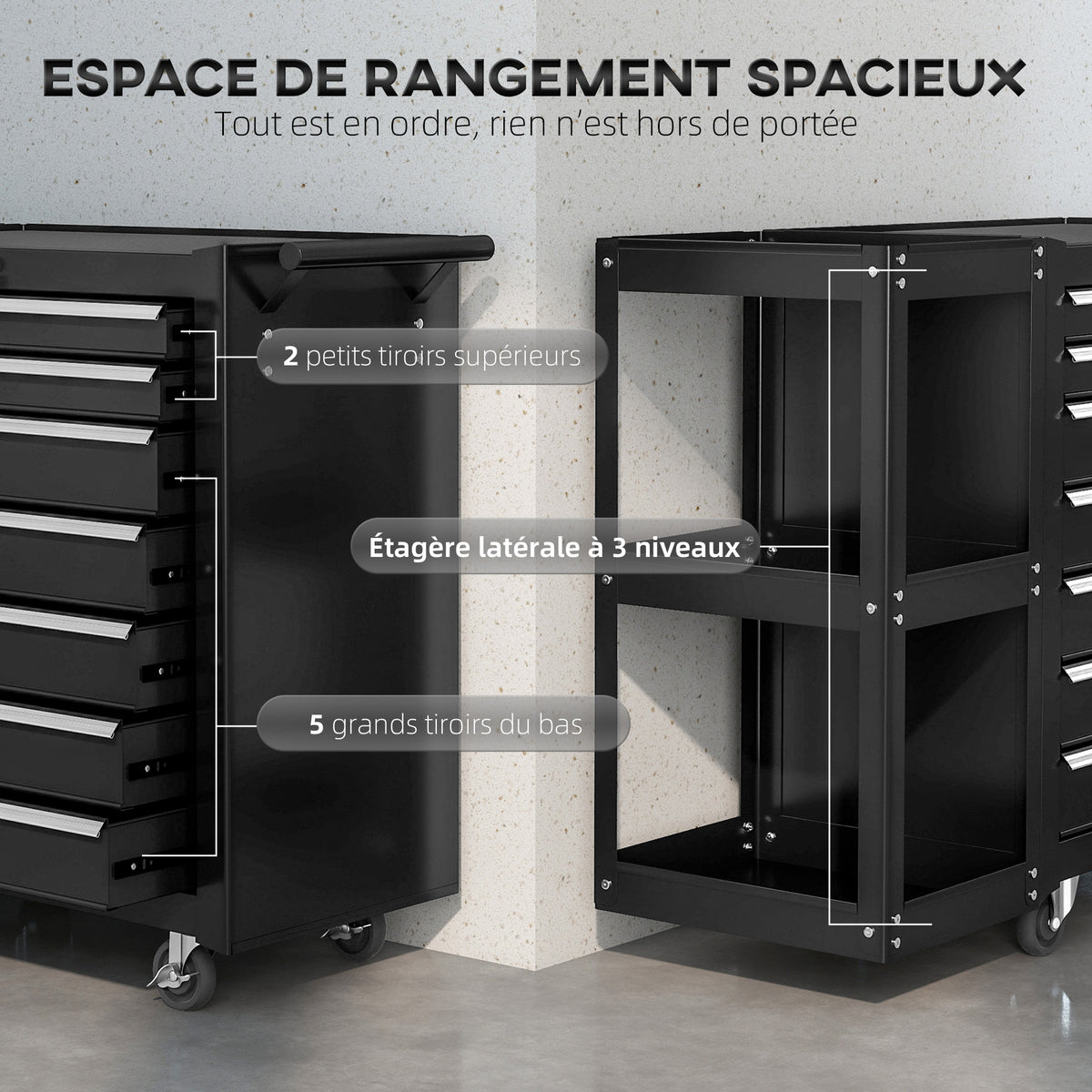 Servante d'Atelier en Acier à 7 Tiroirs, Chariot à Outils sur Roulettes avec Étagère Latérale Amovible, Noir