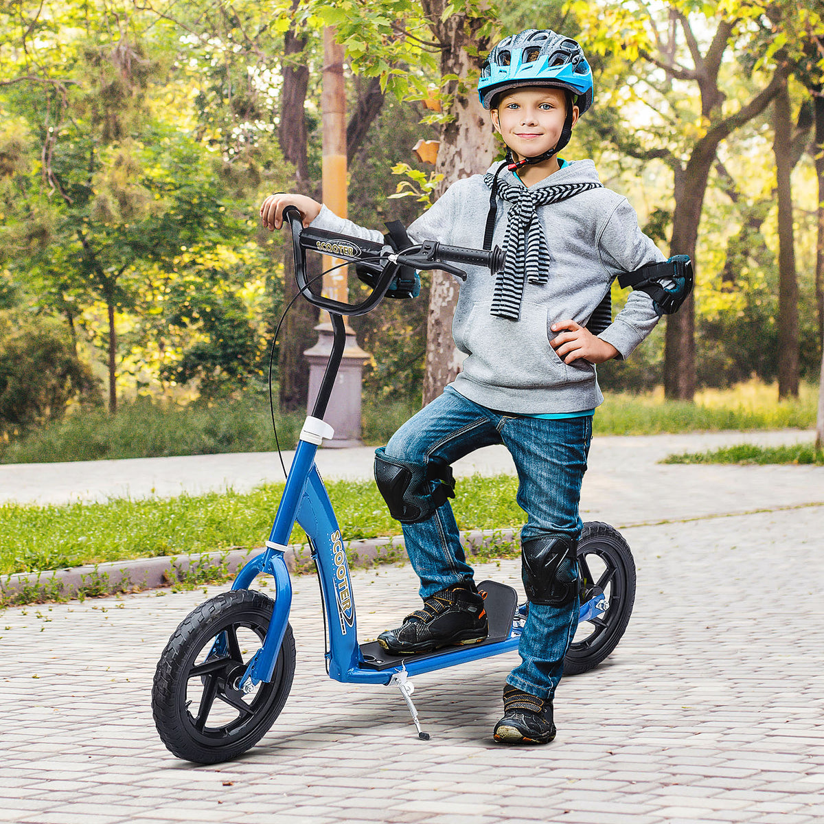 Kinderroller Tretroller 30 cm Luftreifen, höhenverstellbarer Lenker, Handbremse und Ständer, Stahl, für Kinder ab 5 Jahren, Blau