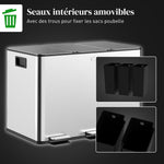 Poubelle de cuisine, poubelle tri sélectif, 3 compartiments de 10L, seaux intérieurs amovibles, 49,6x34,5x38,6cm, argent