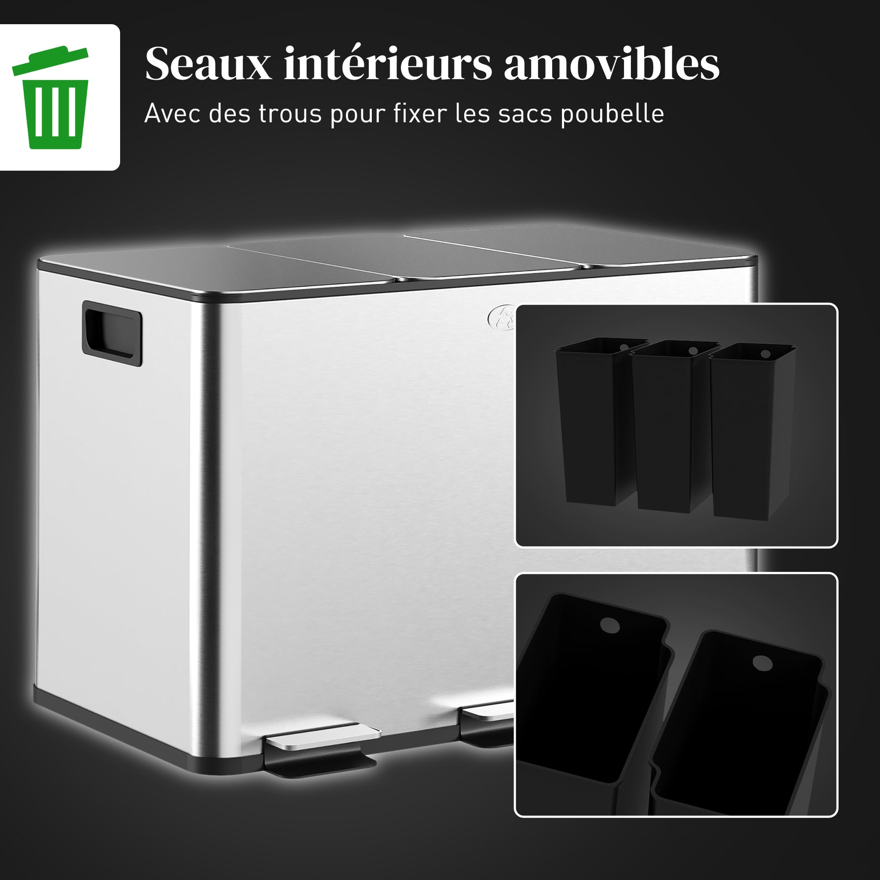 Poubelle de cuisine, poubelle tri sélectif, 3 compartiments de 10L, seaux intérieurs amovibles, 49,6x34,5x38,6cm, argent