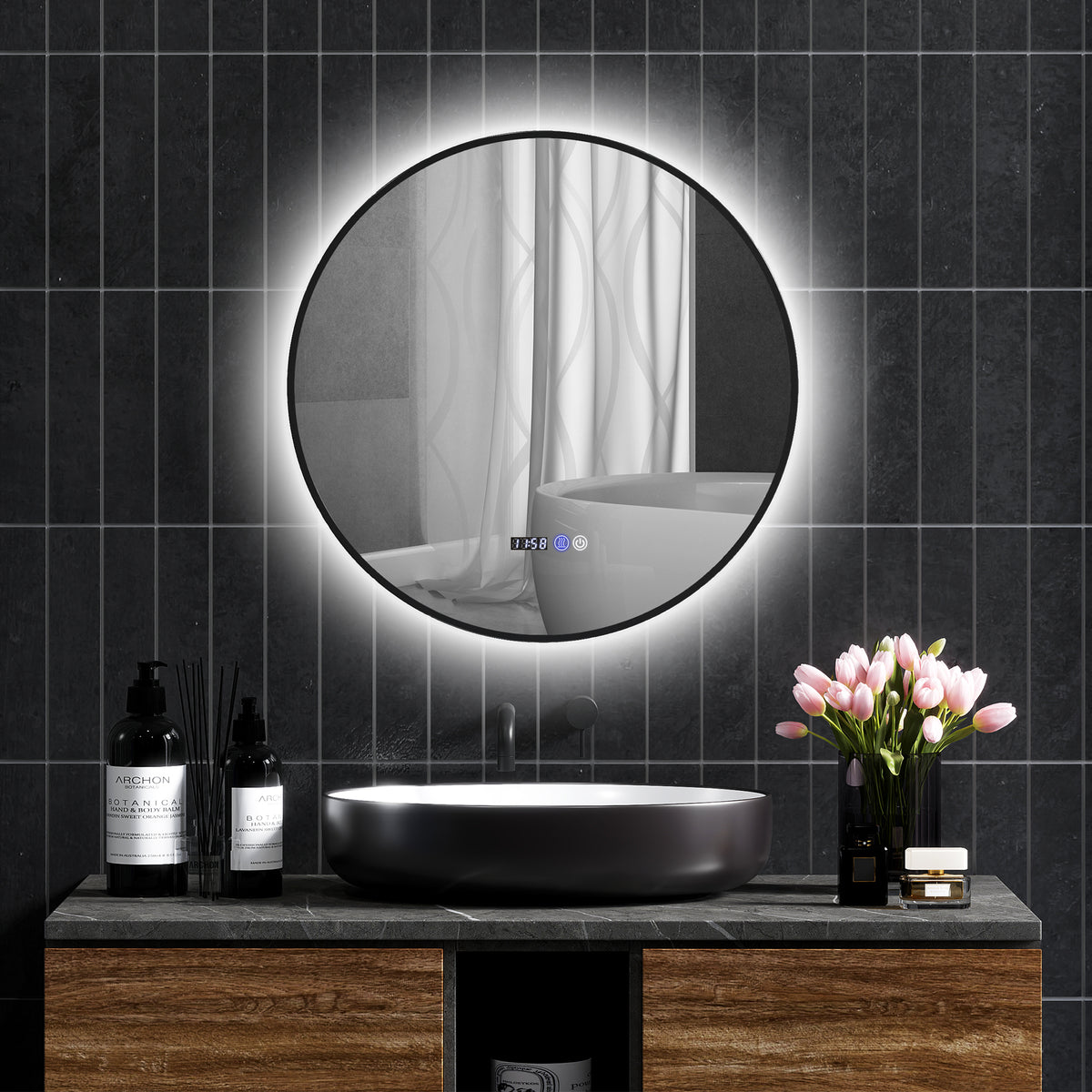 Specchio da bagno rotondo con illuminazione a LED, intensità regolabile, funzione antiappannamento, interruttore touch, nero