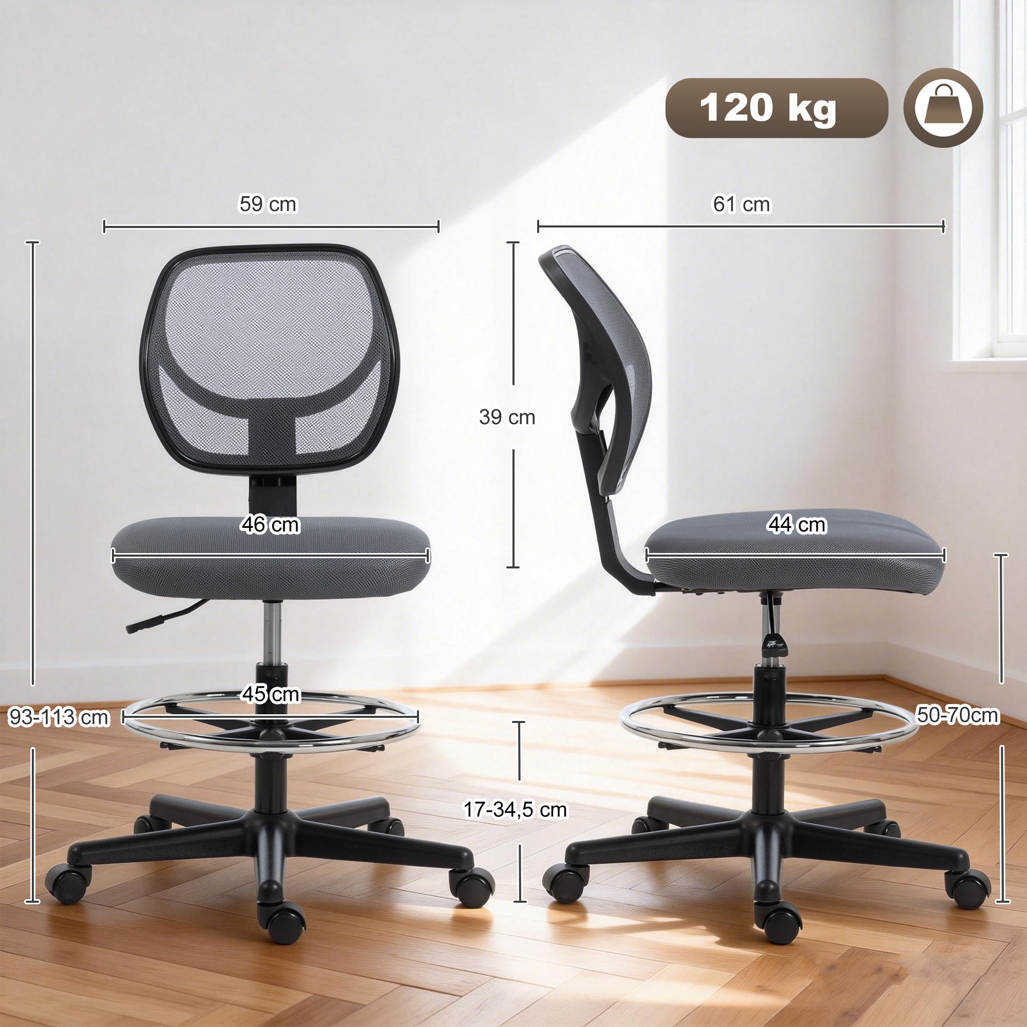 Chaise bureau ergonomique, fauteuil de bureau avec repose-pieds, chaise à dessin en maille, hauteur réglable, gris foncé