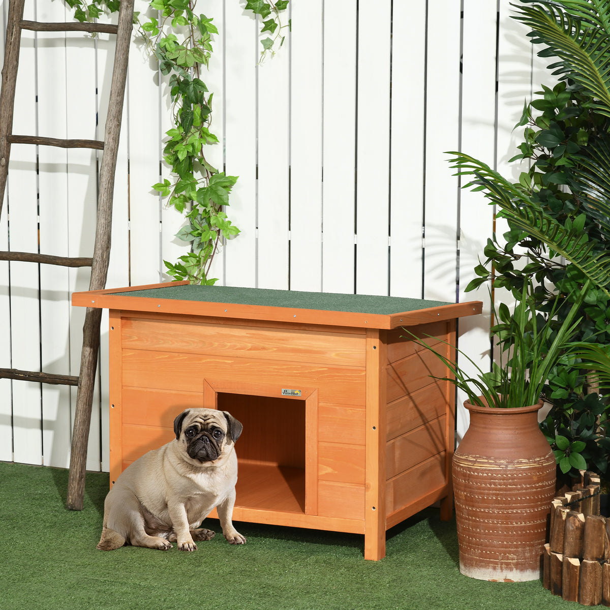 Niche pour chien chat en bois sur pied chenil toit ouvrant bitumé pin massif pré-huilé 85 x 58 x 58 cm