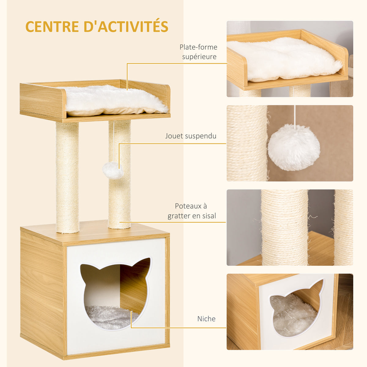 Arbre à chat griffoir pour chat arbre à grimper niche maison pour chat plate-forme supérieure balle suspendue hauteur 81 cm