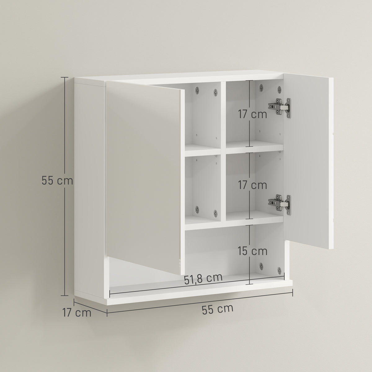Armoire murale miroir de salle de bain placard de rangement 2 portes 55 x 17 x 55 cm blanc