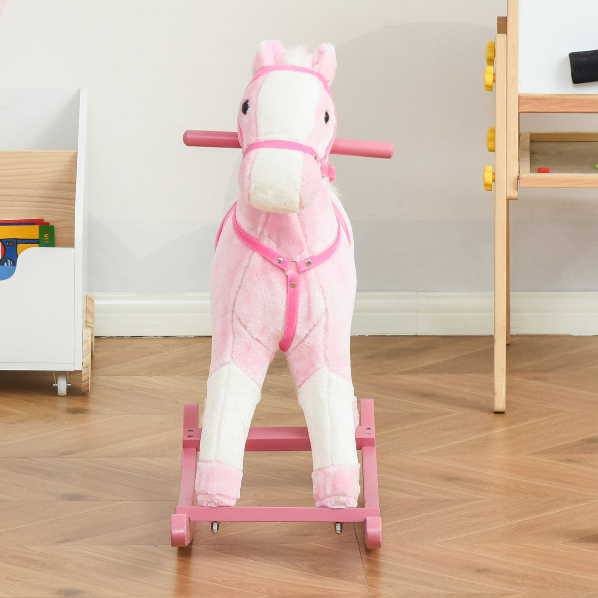 Cheval à Bascule en Bois et Peluche pour Enfant Cheval de Cowboy peluche Pour Enfants de 3-6 Ans Jouet balançoire avec Effet sonore Selle rênes Rose Blanc