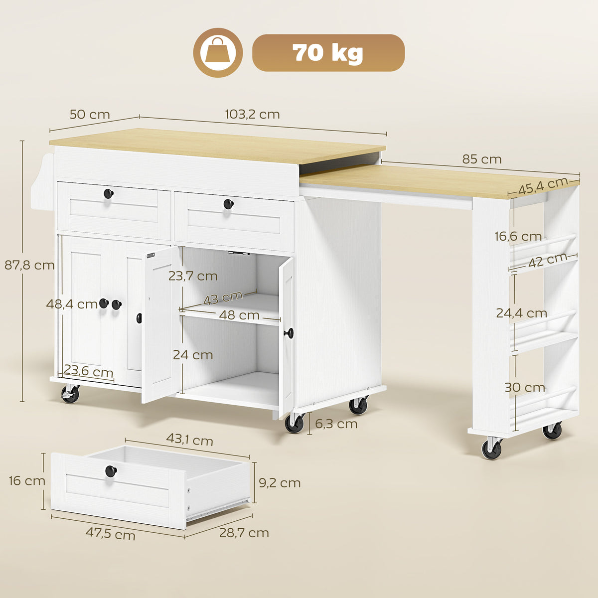 îlot central cuisine avec plateau extensible, desserte de cuisine sur roulettes avec 2 tiroirs, 4 portes, blanc