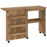 Mesa de costura plegable, mueble de costura abatible con cajones de almacenamiento, estante abierto y ruedas, marrón