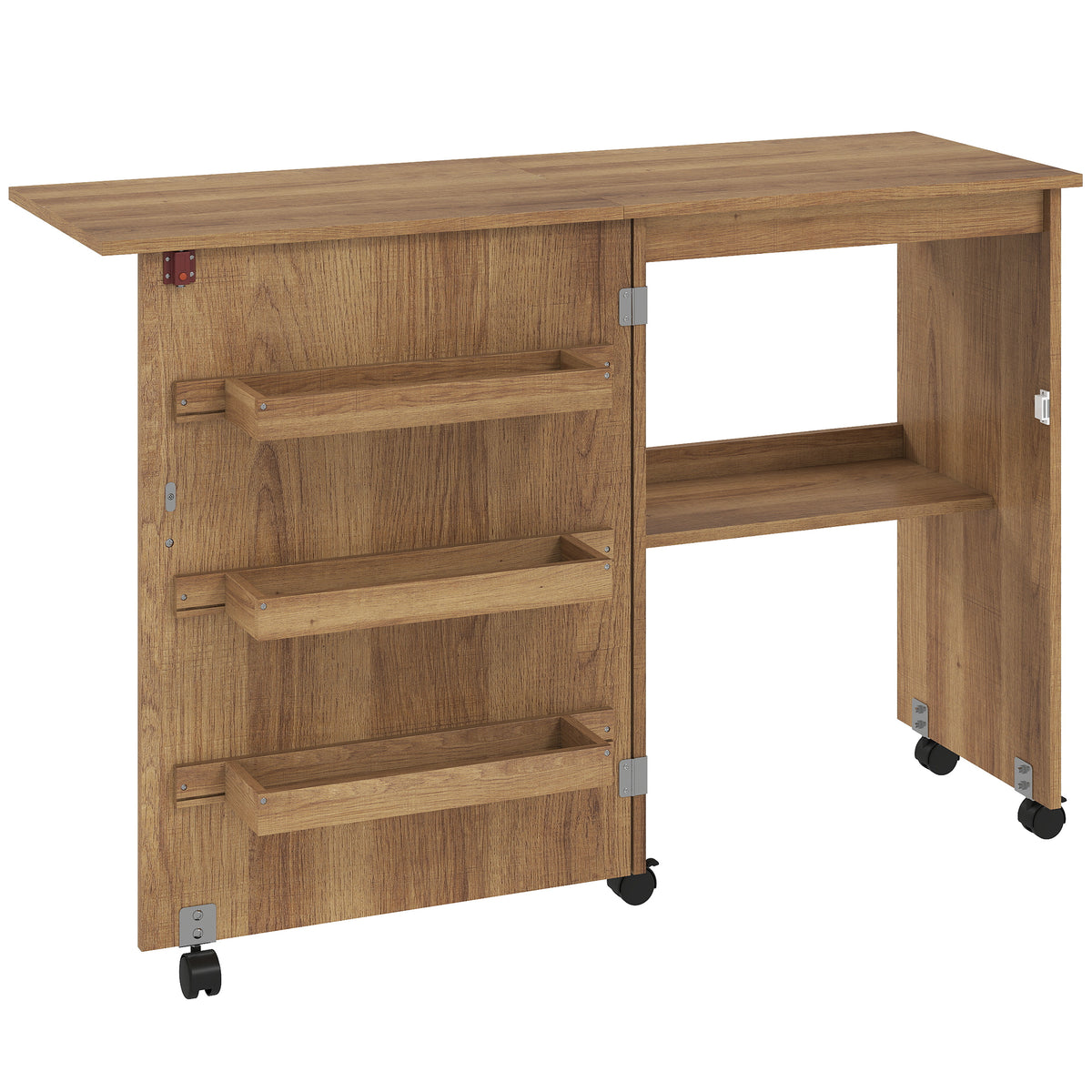 Mesa de costura plegable, mueble de costura abatible con cajones de almacenamiento, estante abierto y ruedas, marrón