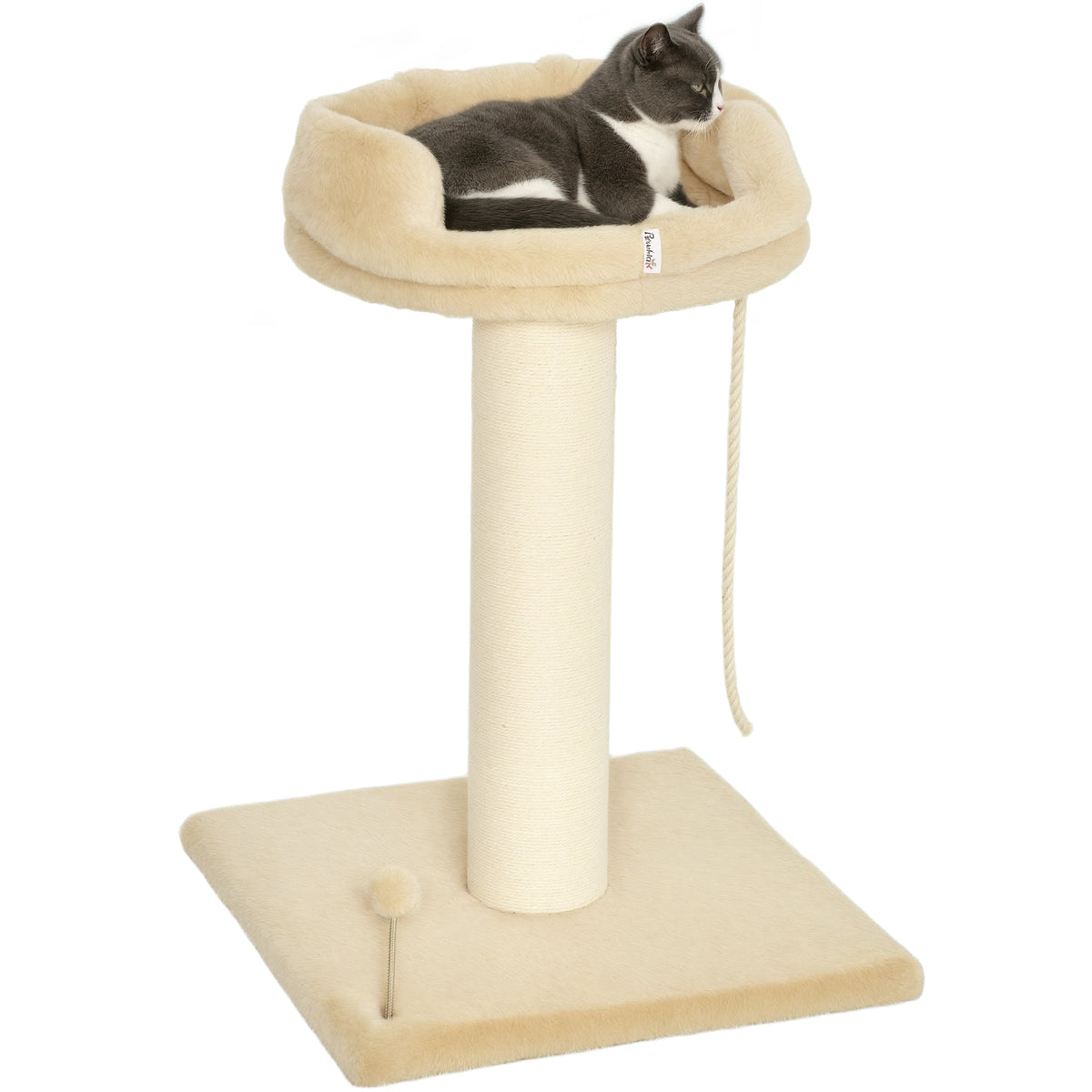 Arbre à chat grattoir design jeu boule et cordelette suspendue+ plateforme peluche - 55 x 55 x 83 cm - sisal beige