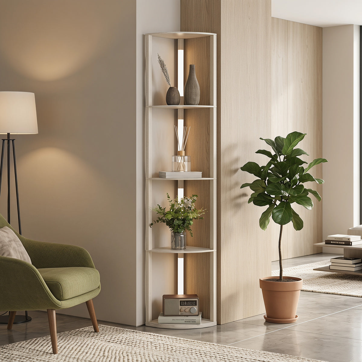 Lampadaire sur Pied Salon, Lampadaire avec Étagères d'Angle à 4 Niveaux, Lampe LED Dimmable, 41x29,5x163,5cm, Chêne