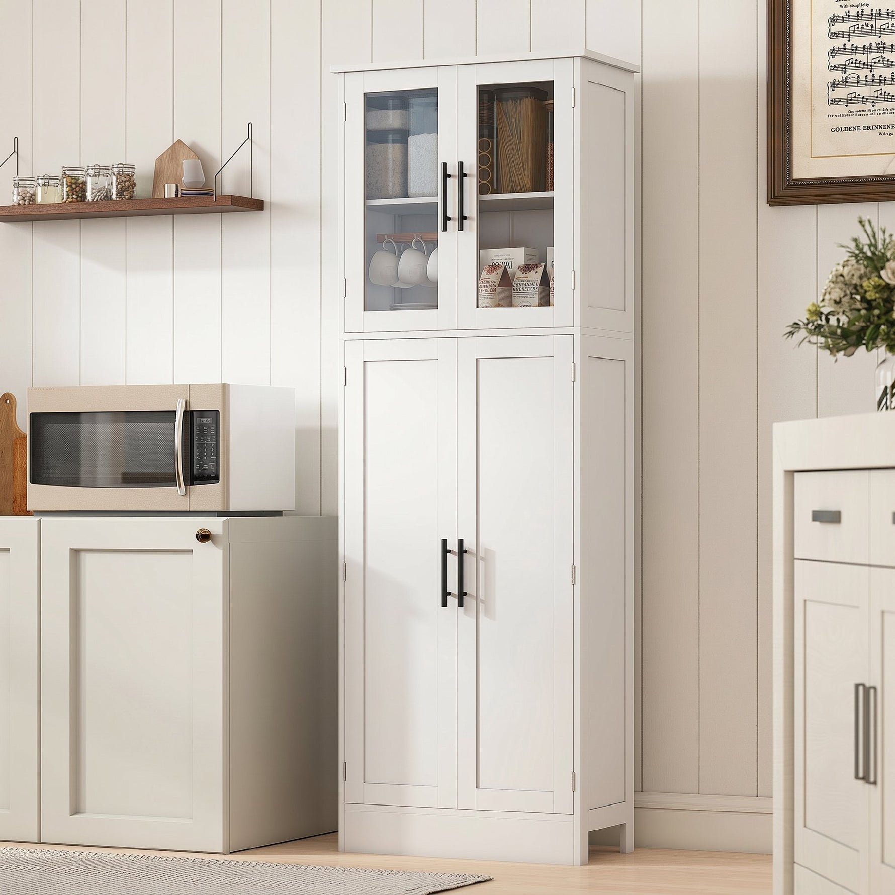 Meuble de salle de bain haut 6 niveaux, meuble de rangement avec 4 portes dont 2 vitrées et étagères réglables, blanc