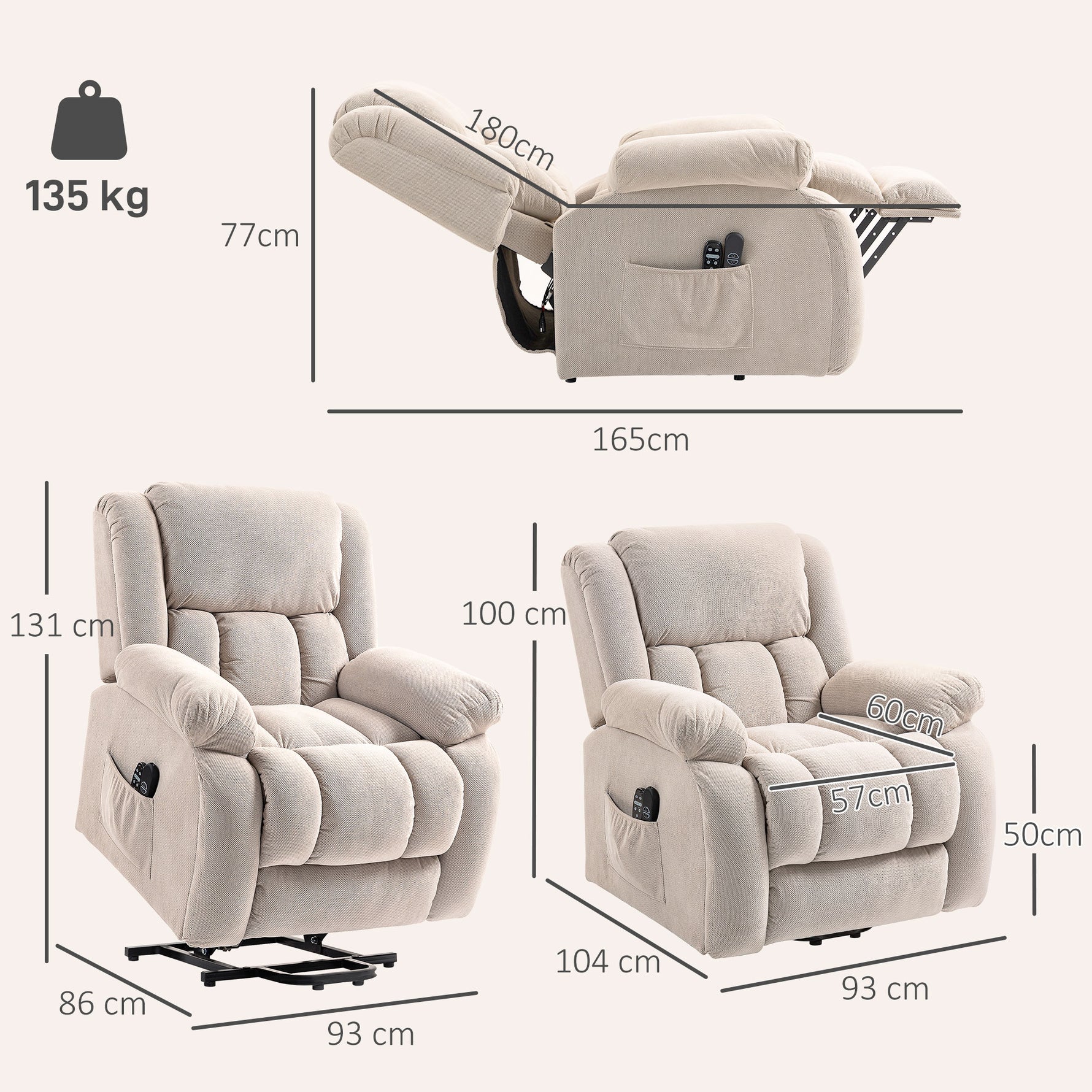 Fauteuil releveur électrique massage et chauffage avec repose-pied, dossier inclinable, télécommande et poche latérale