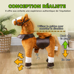Cavallo giocattolo per bambini a rotelle con sella rialzata per bambini 3-5 anni, portata 60 kg, 70 x 28 x 70 cm, marrone