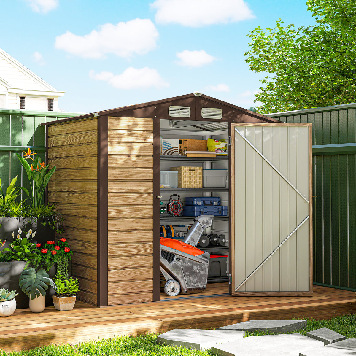 Abri de Jardin 2,27 m² gants inclus porte verrouillable ventilations acier galvanisé 190 x 131 x 188 cm chêne