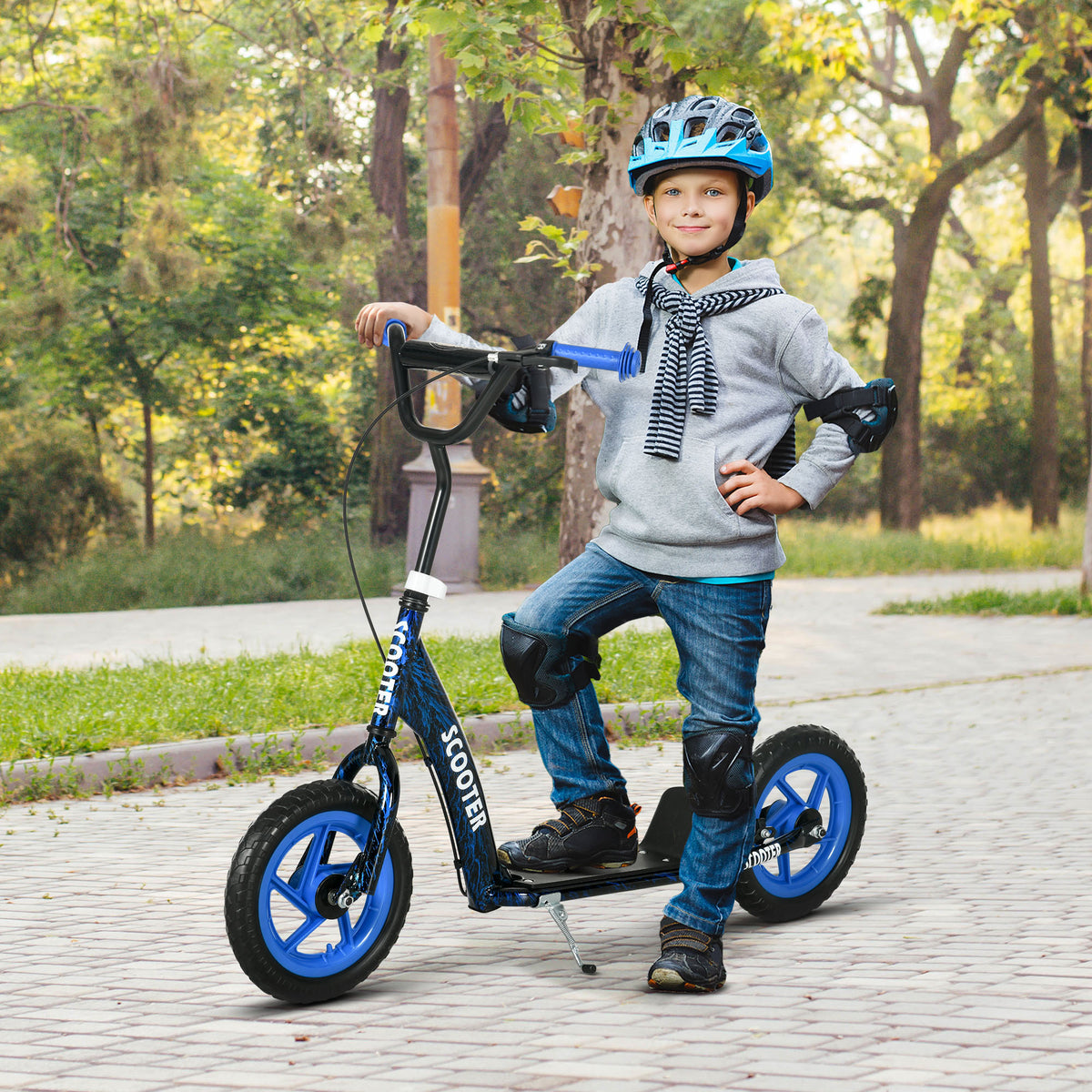 Trottinette patinette scooter enfant grandes roues de 6 à 12 ans hauteur réglable frein arrière béquille bleu
