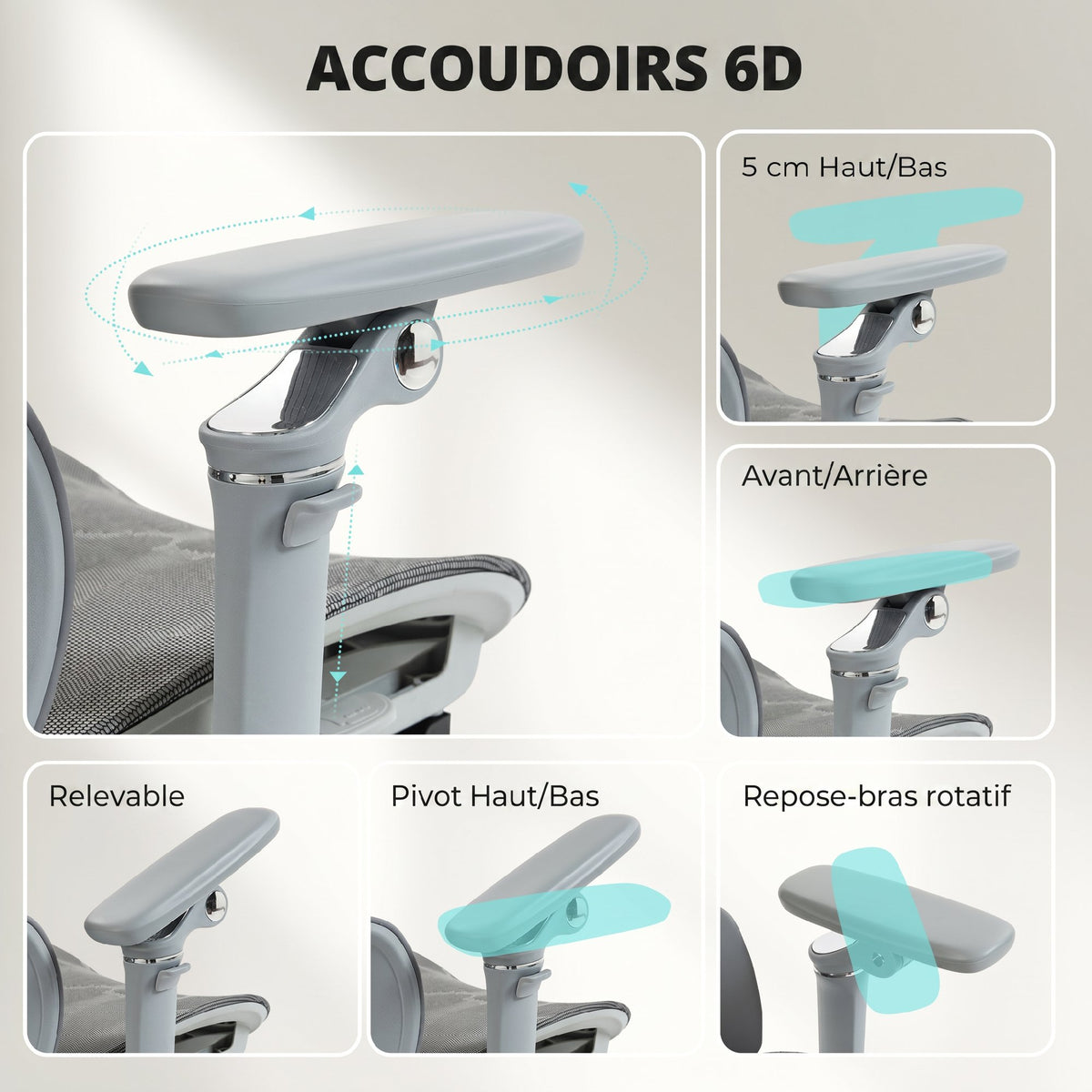 Chaise Bureau Ergonomique avec Accoudoirs 6D Appui-Tête et Profondeur d'Assise Réglables Maille Gris