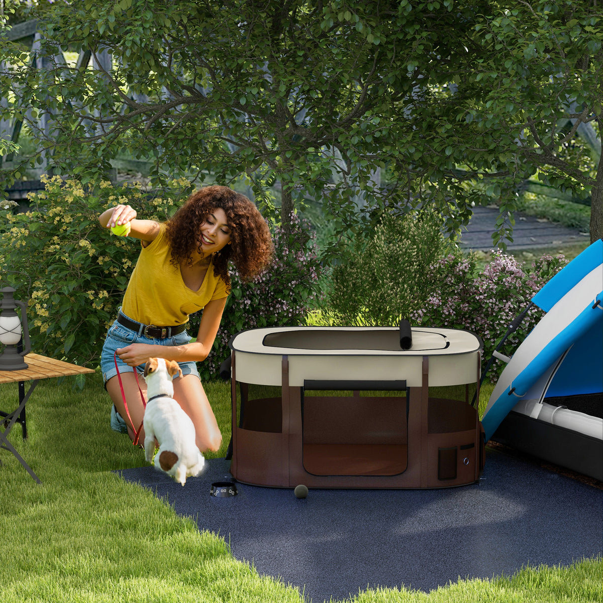 Parc pliable pour animaux de compagnie parc pour chiots en tissu Oxford avec fenêtres et portes sac de rangement marron
