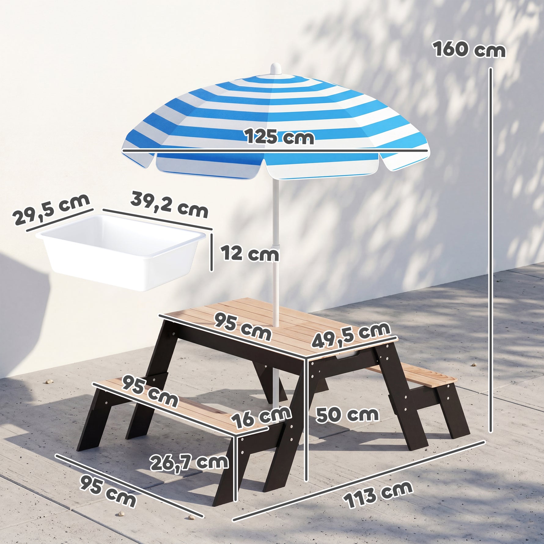 Table de pique-nique enfants avec parasol, 3 en 1 salon de jardin en bois pour enfants 3-6 ans avec 2 boîtes, naturel