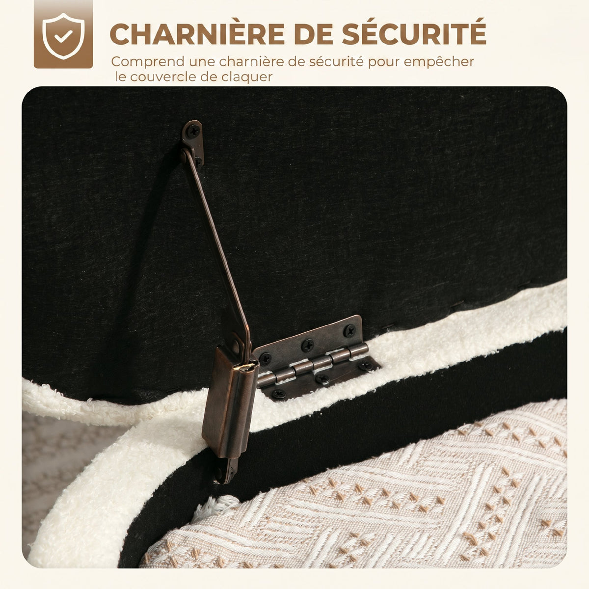 Banc de rangement, banc coffre de rangement en tissu bouclette avec couvercle relevable et pieds en acier, crème