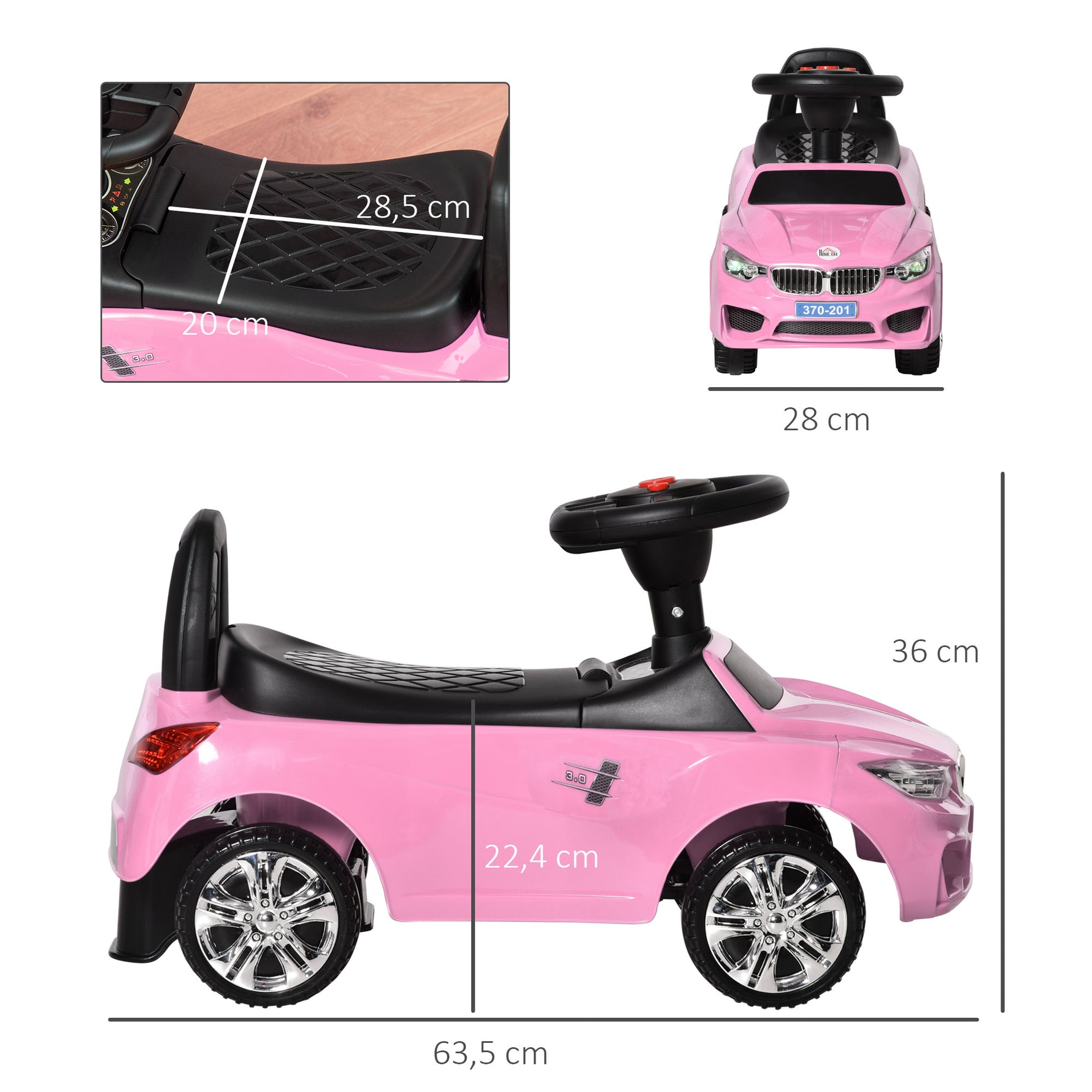 Porteur enfants voiture, véhicule à pousser avec coffre à jouets, klaxon, phares et musique, 63,5 x 28 x 36 cm, rose