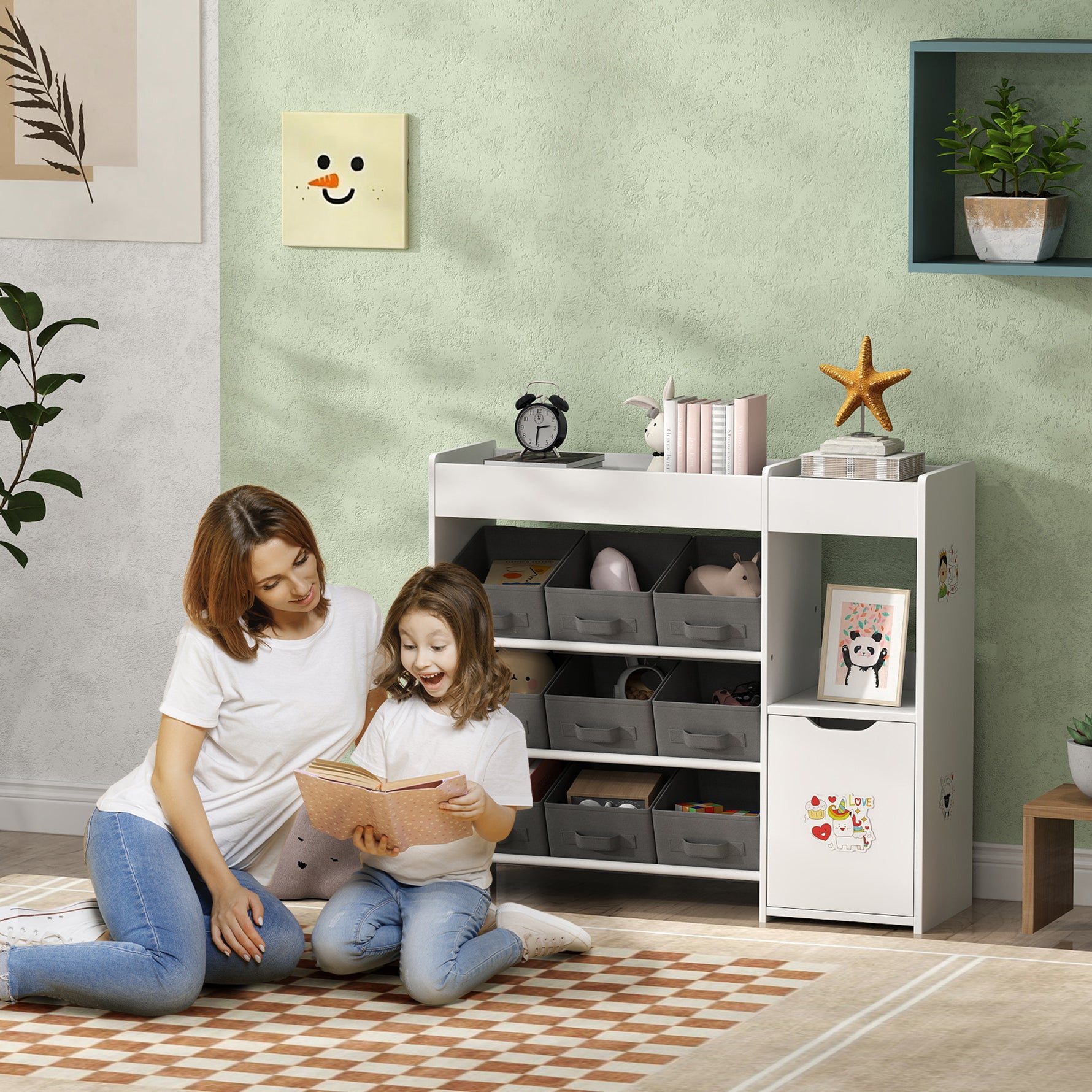 Meuble rangement enfant étagère de rangement pour jouets enfants avec 9 tiroirs en tissu et placard, blanc