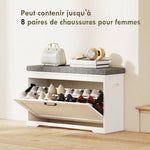 Banc à chaussures, banc d'entrée moderne avec siège rembourré, tiroir basculant et étagère ajustable, 80x30x50cm, blanc