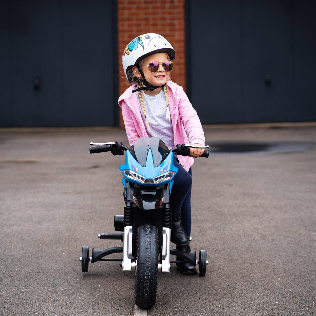 Moto elettrica per bambini 3-6 anni 25 W 6 V 3 km/h con luci e suoni, rotelle rimovibili, carico max 30 kg, blu