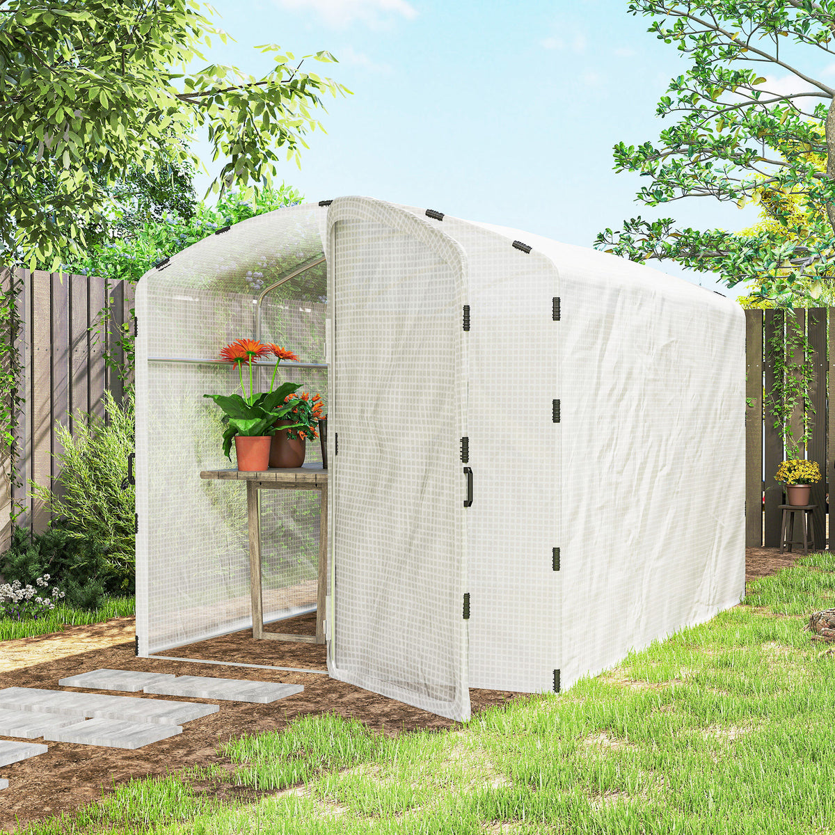 Serre tunnel de jardin 6m², serre de jardin tunnel 300x200x195cm bâche PE 220g/m² bords prolongés 50 cm avec porte blanc