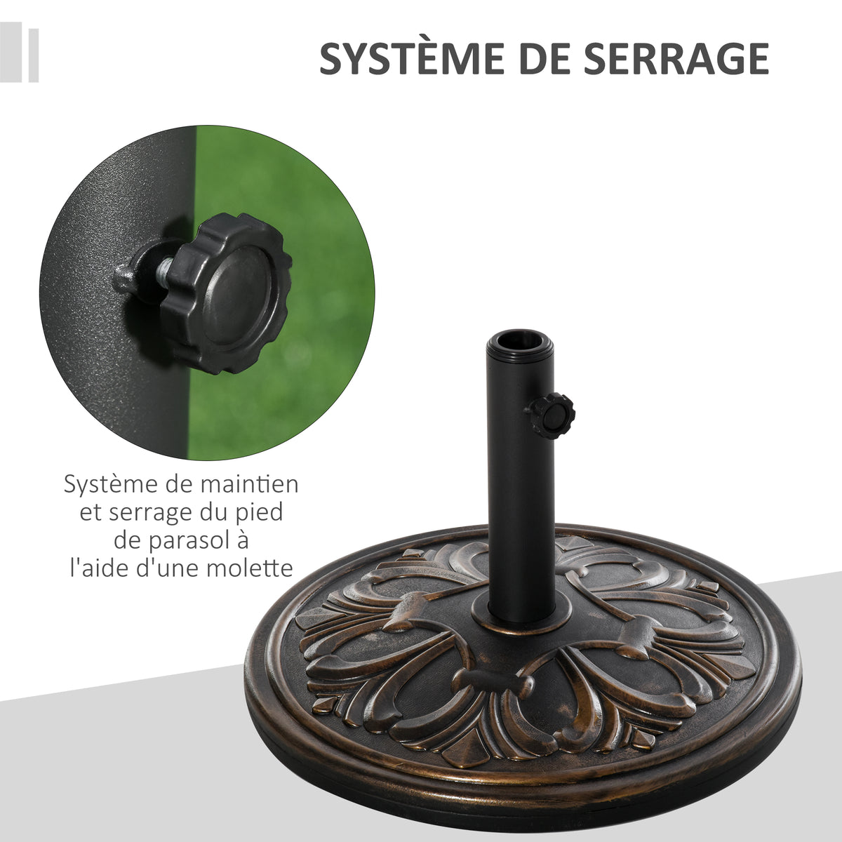 Pied de parasol rond base de lestage Ø 48 x 34H cm ciment HDPE motif fleurs de lys poids net 13 Kg noir doré