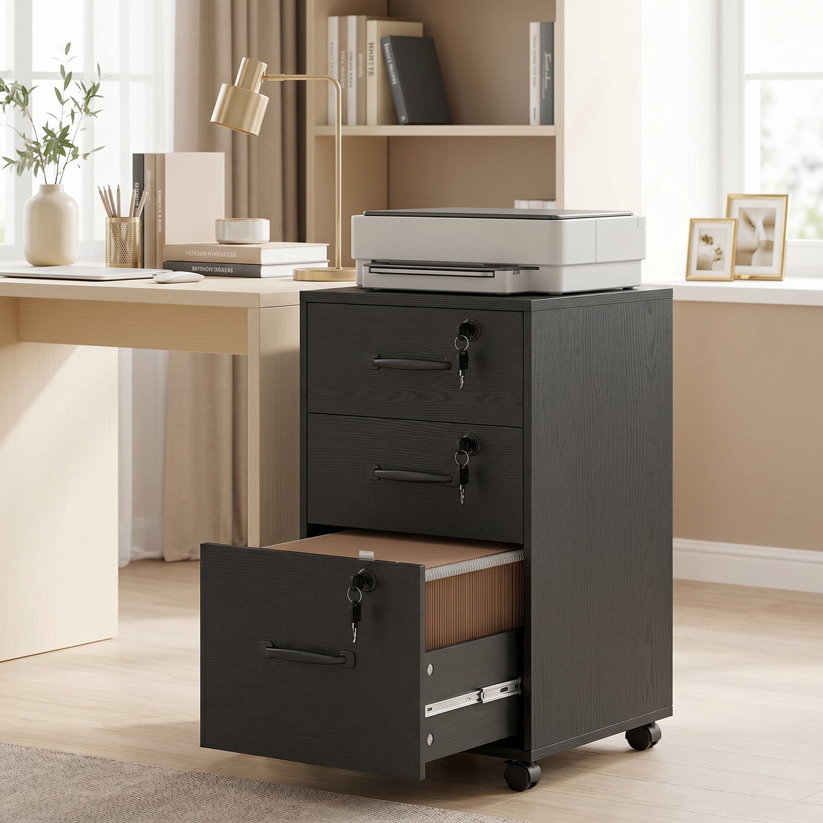 Caisson de Bureau Mobile avec 3 Tiroirs Verrouillables, Caisson de Rangement sur Roulettes, 40 x 40 x 69,5 cm, Noir