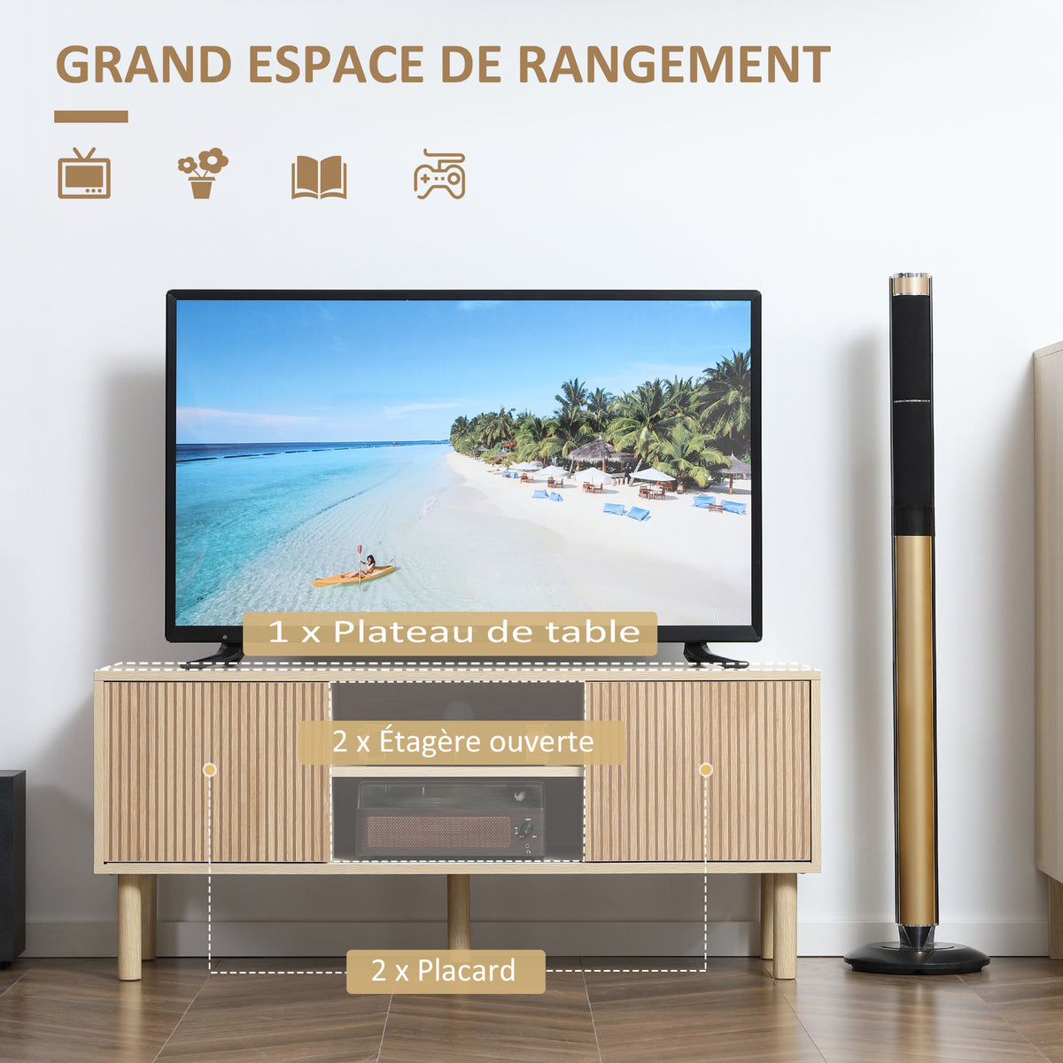 TV-Lowboard für Fernseher bis 50 Zoll, 2 Schiebetüren und 2 Fächer mit Kabeldurchlass - 115 x 40 x 49 cm