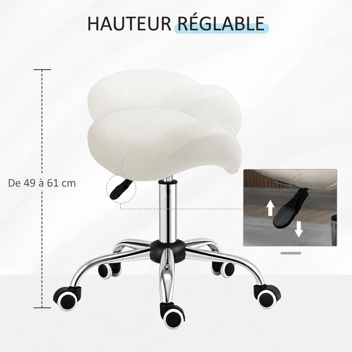Rollhocker, Massagehocker mit höhenverstellbarer Sitzfläche 49-61 cm und ergonomischem Sattelsitz, 360° drehbarer Arbeitshocker auf Rollen, für Massage, Tattoo, Klinik, Spa, weiß