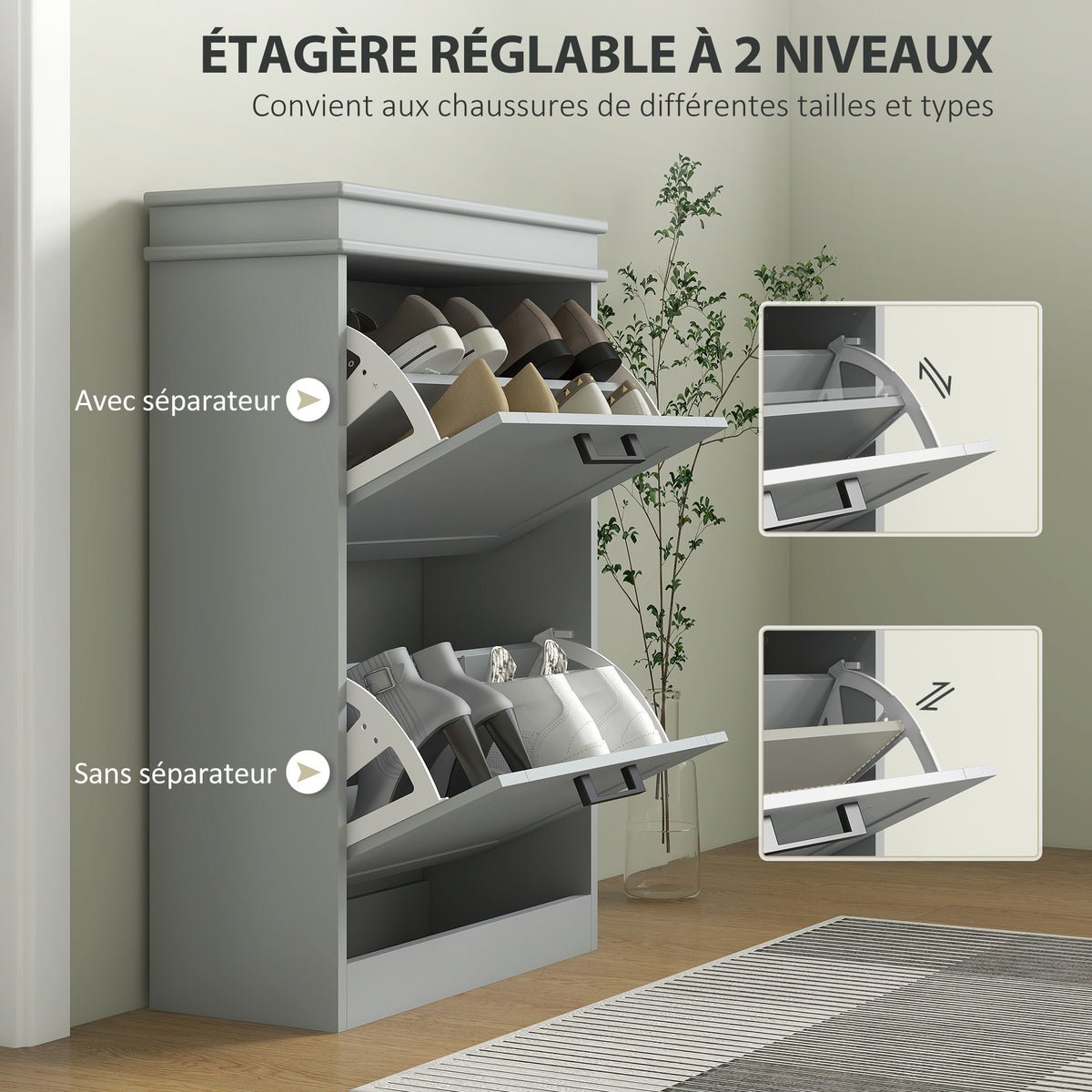Meuble à chaussures, 2 portes abattants, étagères réglables, pour entrée, couloir, 54 x 24 x 82,5 cm, gris