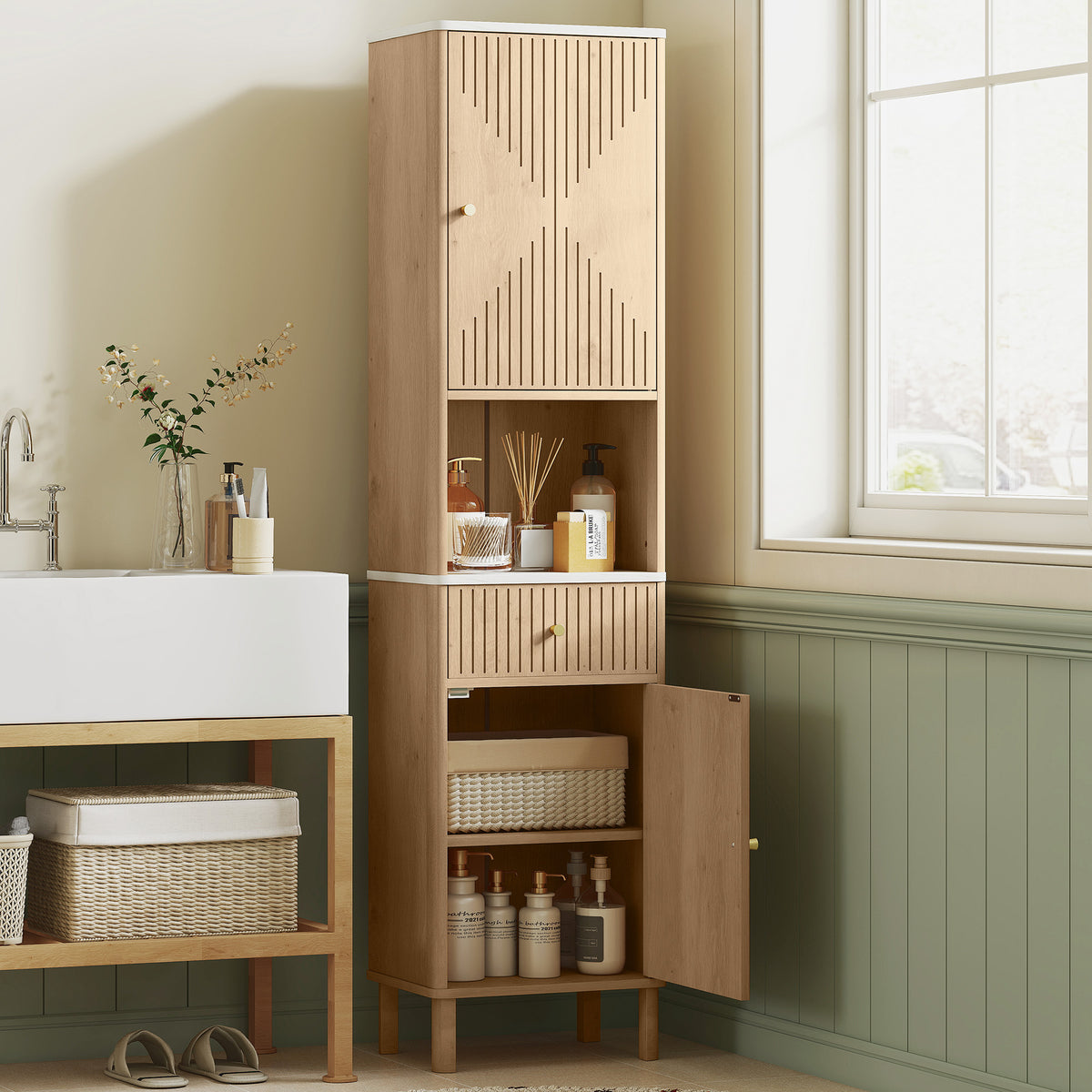 Armoire salle de bain haute meuble de rangement colonne avec tiroir coulissant silencieux 2 placards 41,5x30x168cm chêne