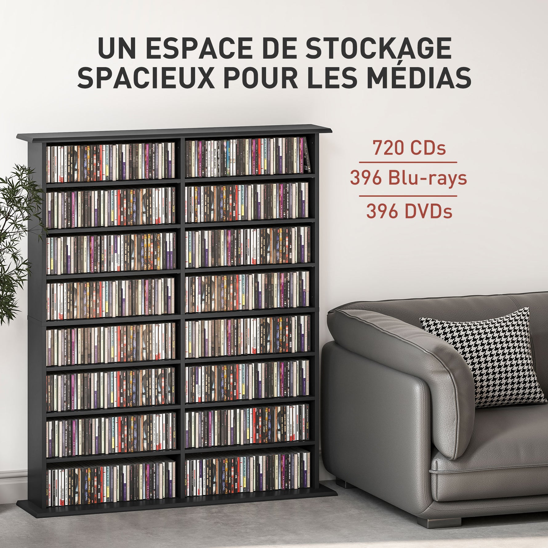 Rangements pour CD et DVD avec 16 compartiments et 12 étagères réglables capacité max. 720 CD/396 DVD et Blu-ray noir