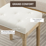 Voetenbank voor woonkamer, hocker, gestoffeerde zitting met linnenlook en poten van rubberhout, 42 x 32 x 46,5 cm, beige