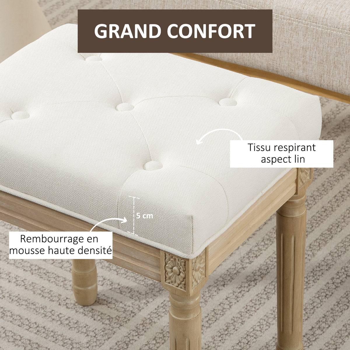 Voetenbank voor woonkamer, hocker, gestoffeerde zitting met linnenlook en poten van rubberhout, 42 x 32 x 46,5 cm, beige